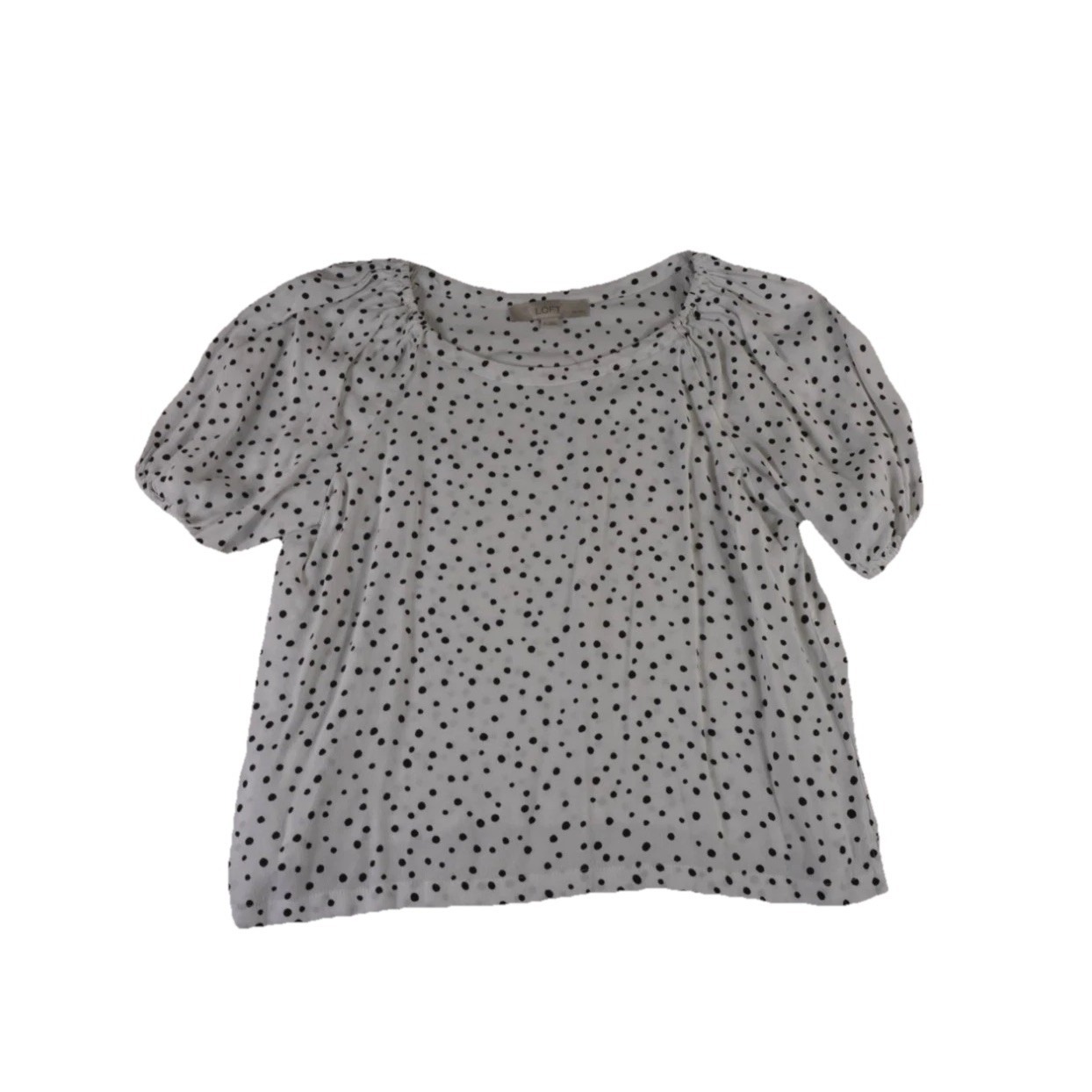 Loft Blouse Top Womens S Petite White Black Polka Dot Puff Sleeve Round Neck